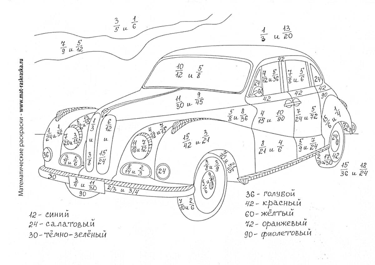 Раскраска Раскраска автомобиля с задачами на умножение обыкновенных дробей