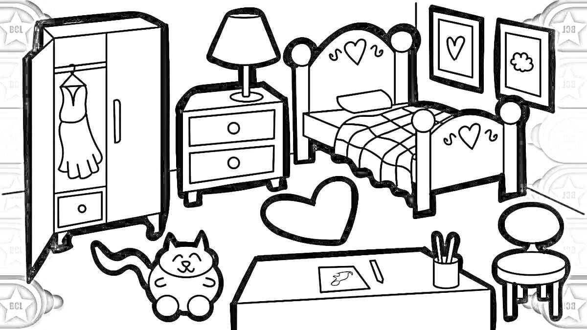 Раскраска Спальня с мебелью и кошкой (шкаф с платьем, прикроватная тумбочка с лампой, кровать с подушкой и одеялом, две картины на стене, стол с карандашами и бумагой, стул, кошка)