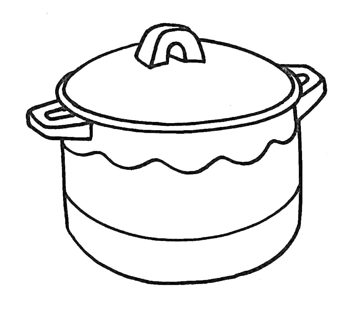 На раскраске изображено: Крышка, Кухонные принадлежности, Посуда, Кухня, Кастрюли