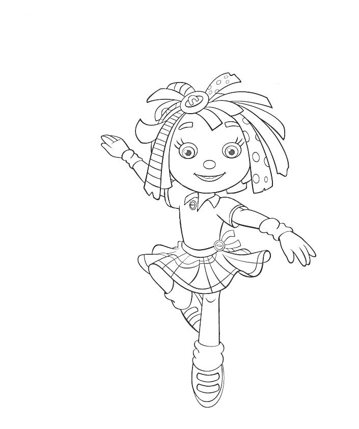 Раскраска Девочка Рози в юбке и с лентами в волосах, стоит на одной ноге и растопыривает руки