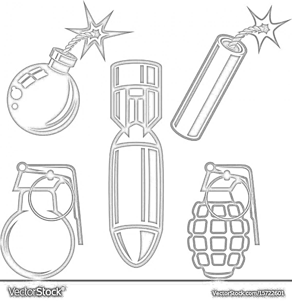 Раскраска Ядерная бомба и другие виды бомб и гранат (шаровидная граната с запалом, динамитная шашка с запалом, классическая ядерная бомба, ручная осколочная граната, ручная ударно-запальная граната)