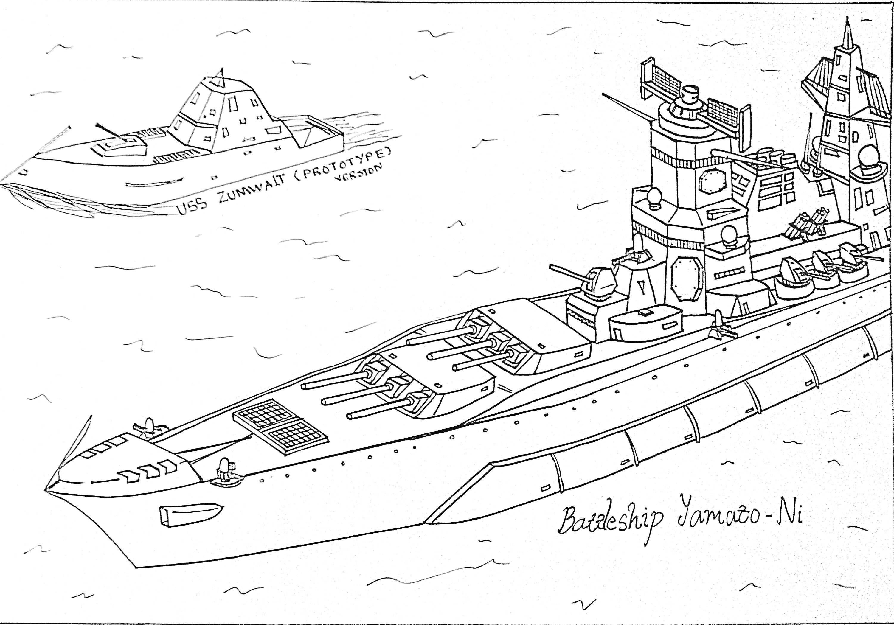 На раскраске изображено: Корабль, Море, Вода, Подводная лодка, Военный корабль, Военно-морской флот, Башни