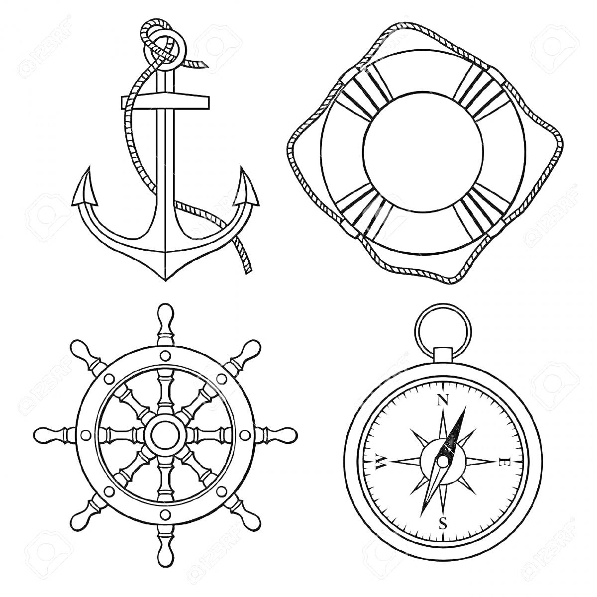 На раскраске изображено: Штурвал, Корабль, Спасательный круг, Компас