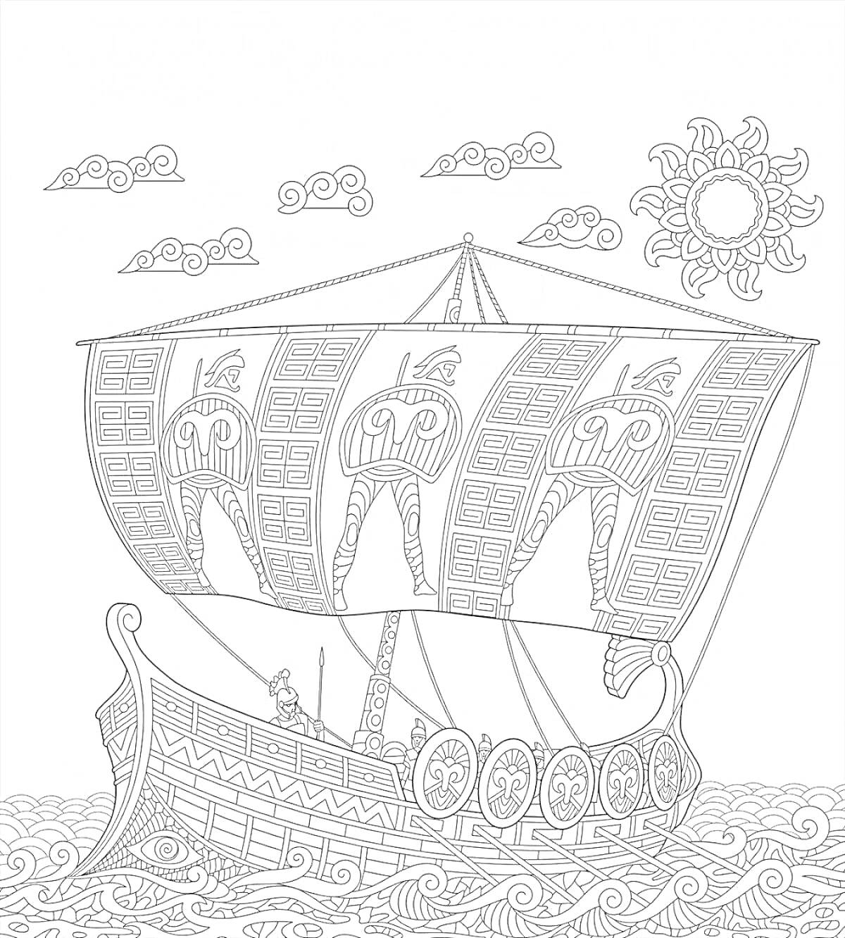 На раскраске изображено: Антистресс, Корабль, Паруса, Волны, Солнце, Облака, Море, Человек, Спокойствие