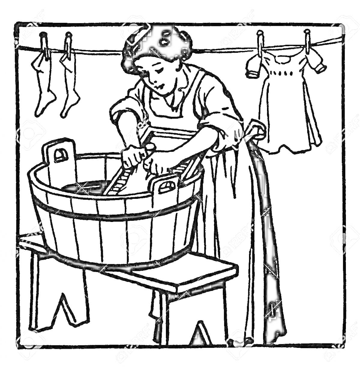 Раскраска Женщина стирает в корыте, на заднем плане висят одежда и носки