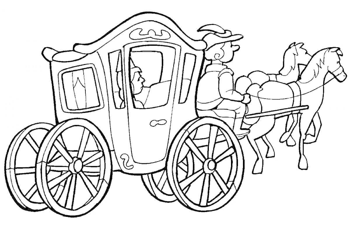На раскраске изображено: Карета, Поездка, Транспорт, Лошадь, Окна, Колеса, Путешествия