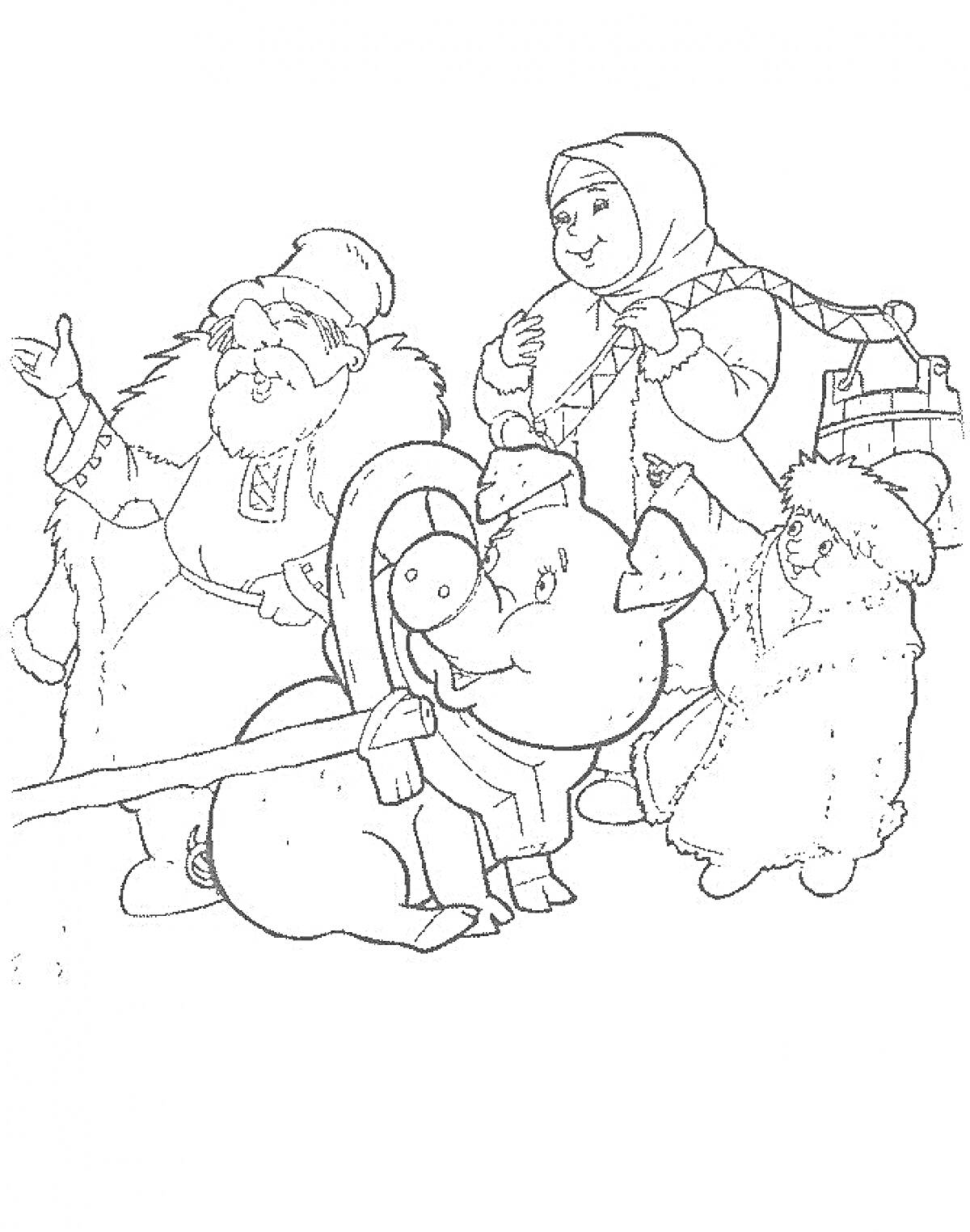На раскраске изображено: Морозко, Женщина, Девочка, Шуба, Петух, Снег, Зимняя сказка, Новый год, Зима