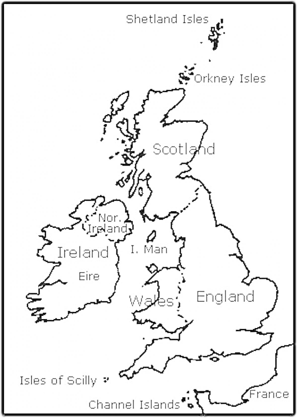 На раскраске изображено: Карта, Великобритания, Шотландия, Ирландия, Уэльс, Англия, Франция