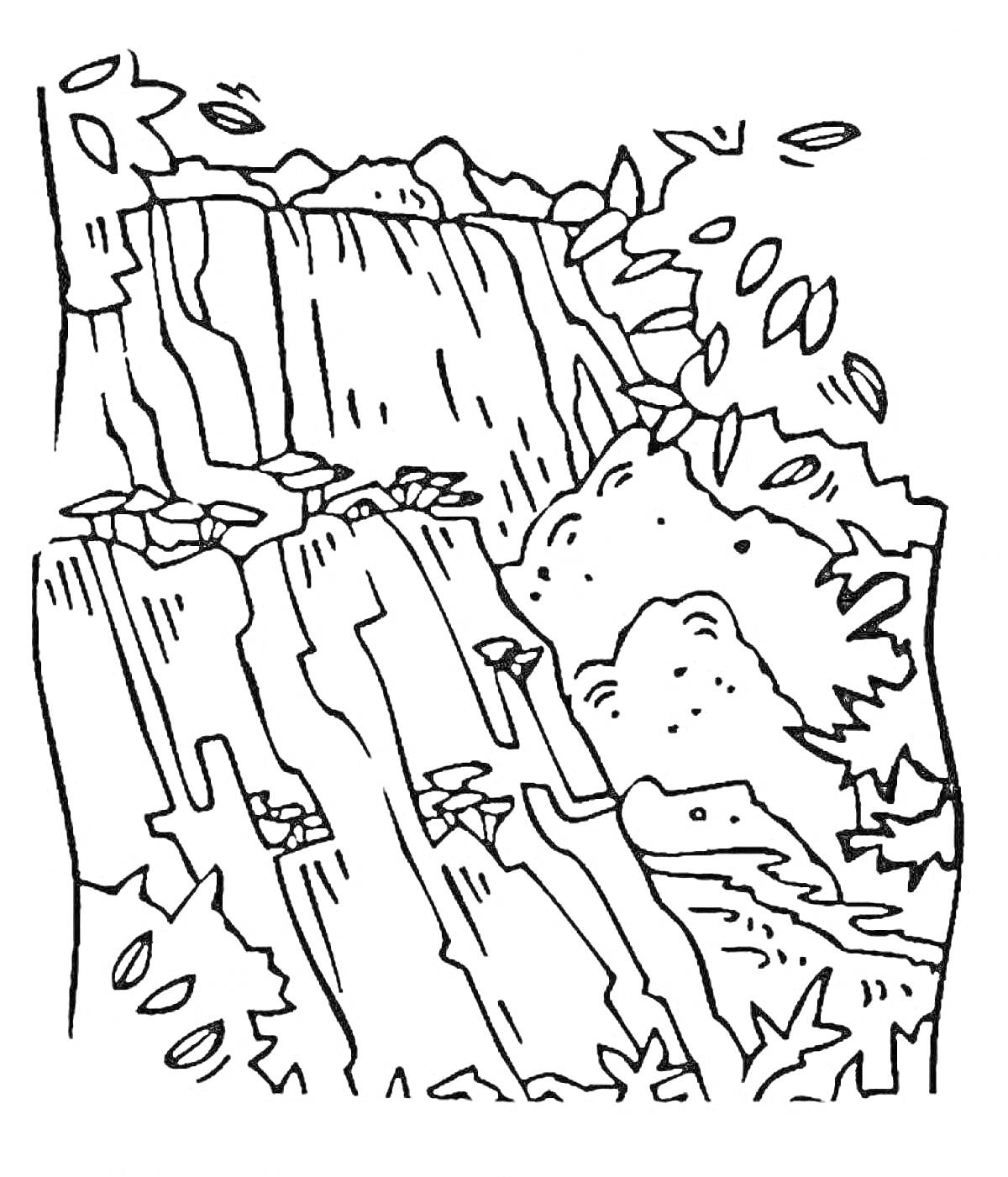 На раскраске изображено: Утёс, Скалы, Растительность, Природа, Обрыв, Листья, Камни