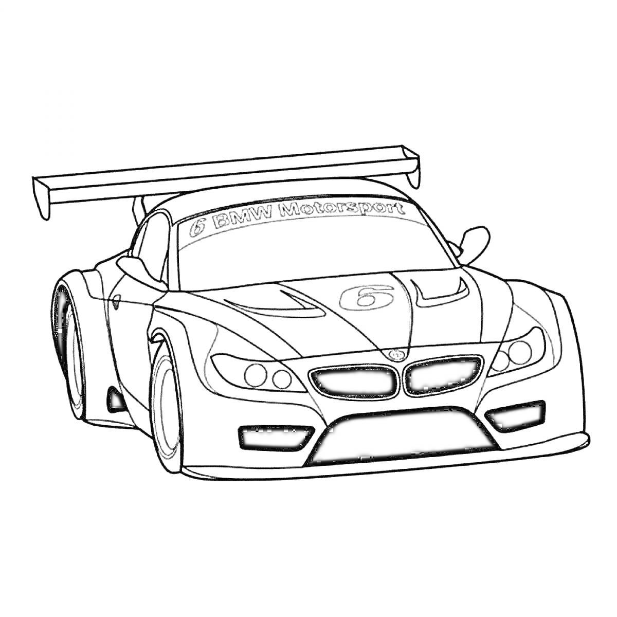 Раскраска Гоночный автомобиль BMW с крупным задним спойлером, надписью 