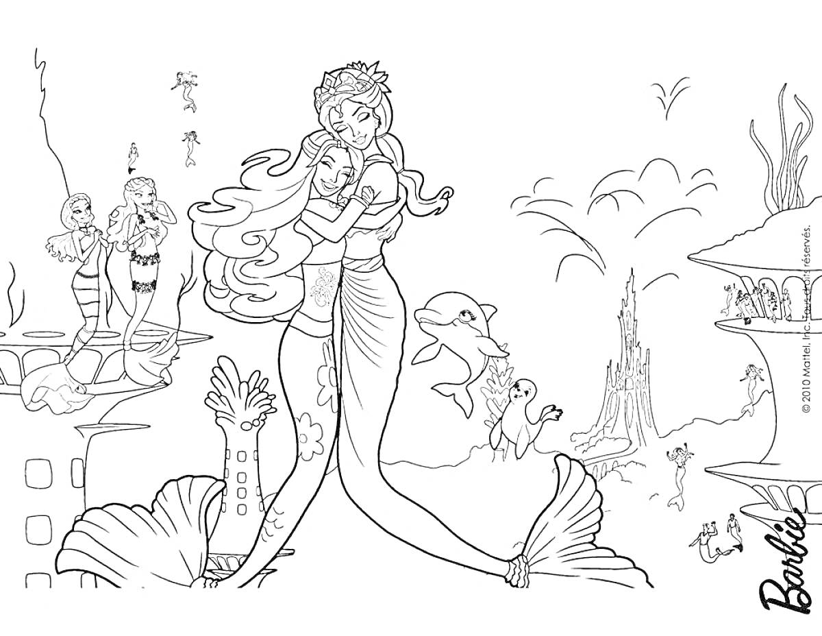 Раскраска Барби русалка с подругами и подводным миром (Барби русалка, подруга русалка, два дельфина, пять русалок на заднем плане, замок, морское растение, рыбы, здания под водой)