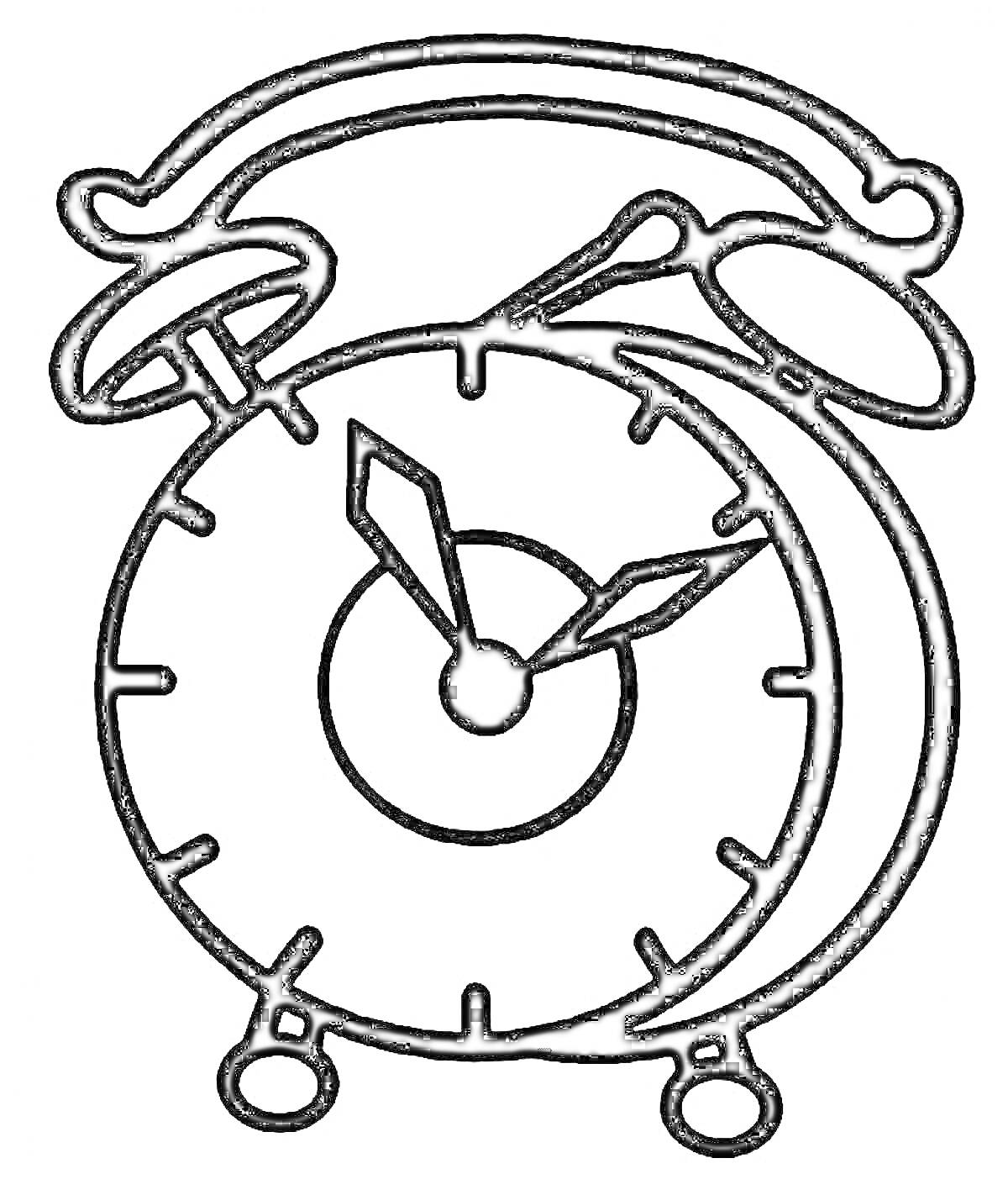 На раскраске изображено: Будильник, Часы, Звонок, Стрелки, Цифры, Контурные рисунки