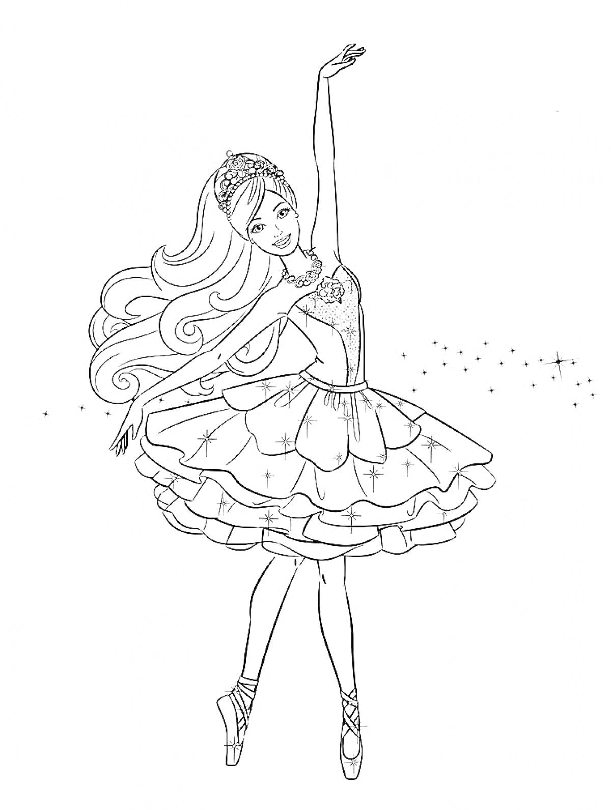Раскраска Балерина в пышной юбке с диадемой и звездочками
