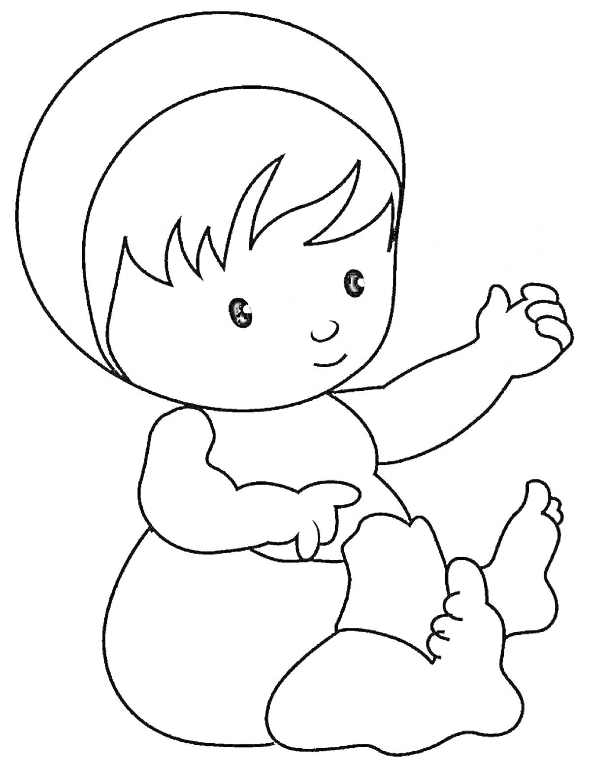 На раскраске изображено: Пупсик, Ребёнок, Шляпа, Ноги, Пальцы, Сидеть