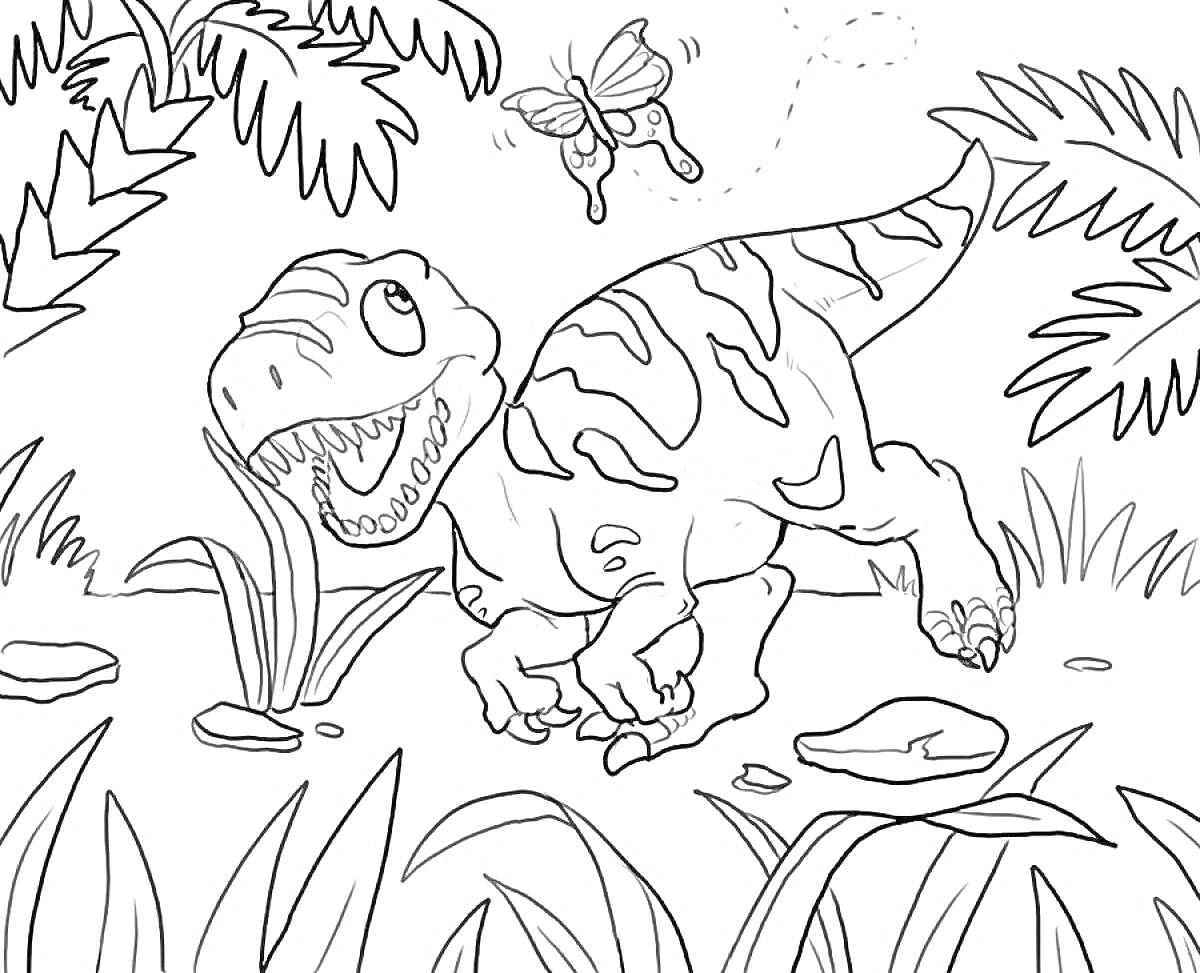 На раскраске изображено: Динозавр, Бабочка, Растения, Луг, Камни, Для детей, 4-5 лет