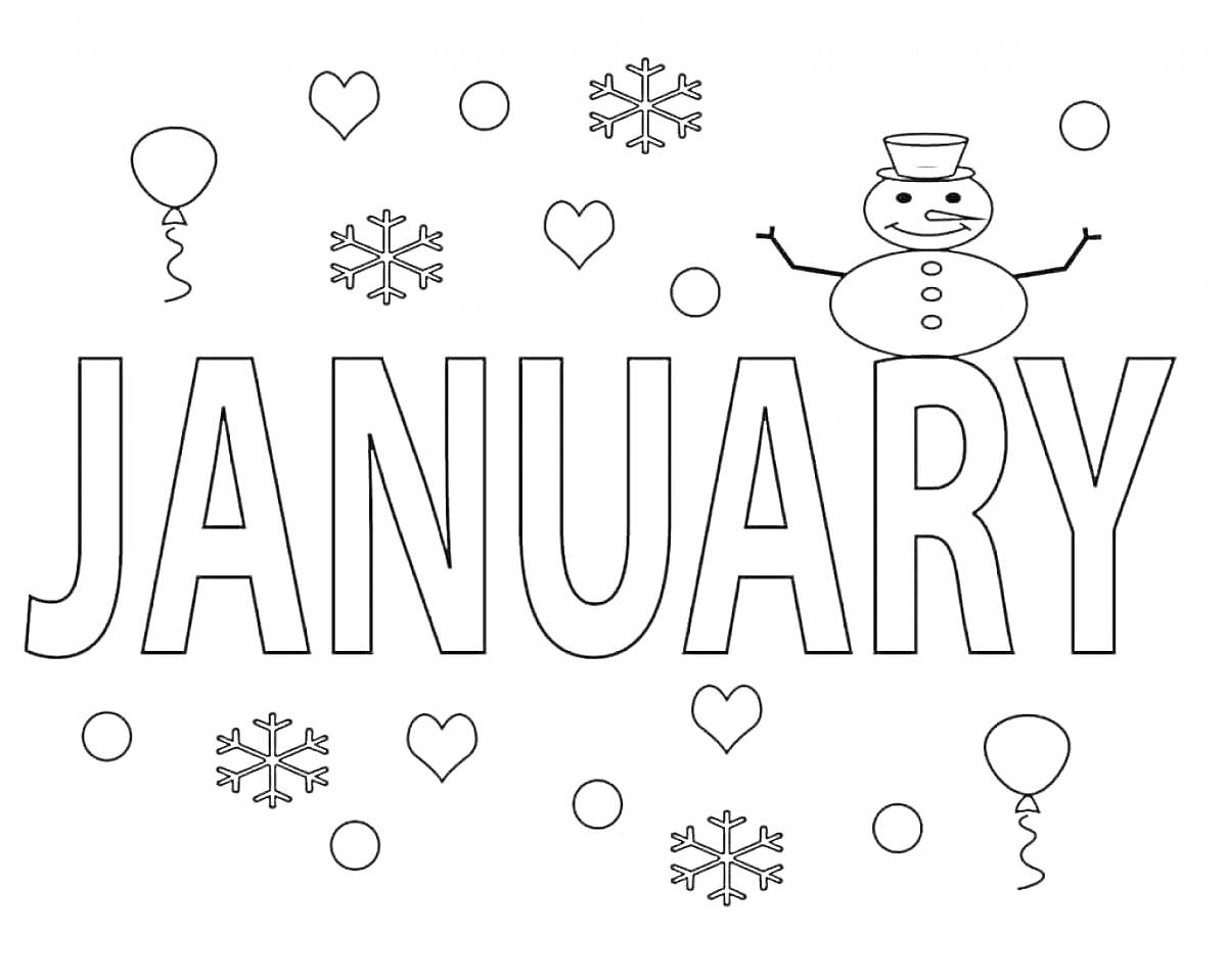 Январь с надписью JANUARY, воздушными шарами, снежинками, сердечками, кружками и снеговиком
