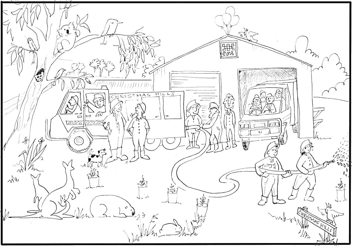 На раскраске изображено: Пожарные, Пожарная машина, Спасатели, Природа, Дом, Кусты, Для детей, Деревья, Животные