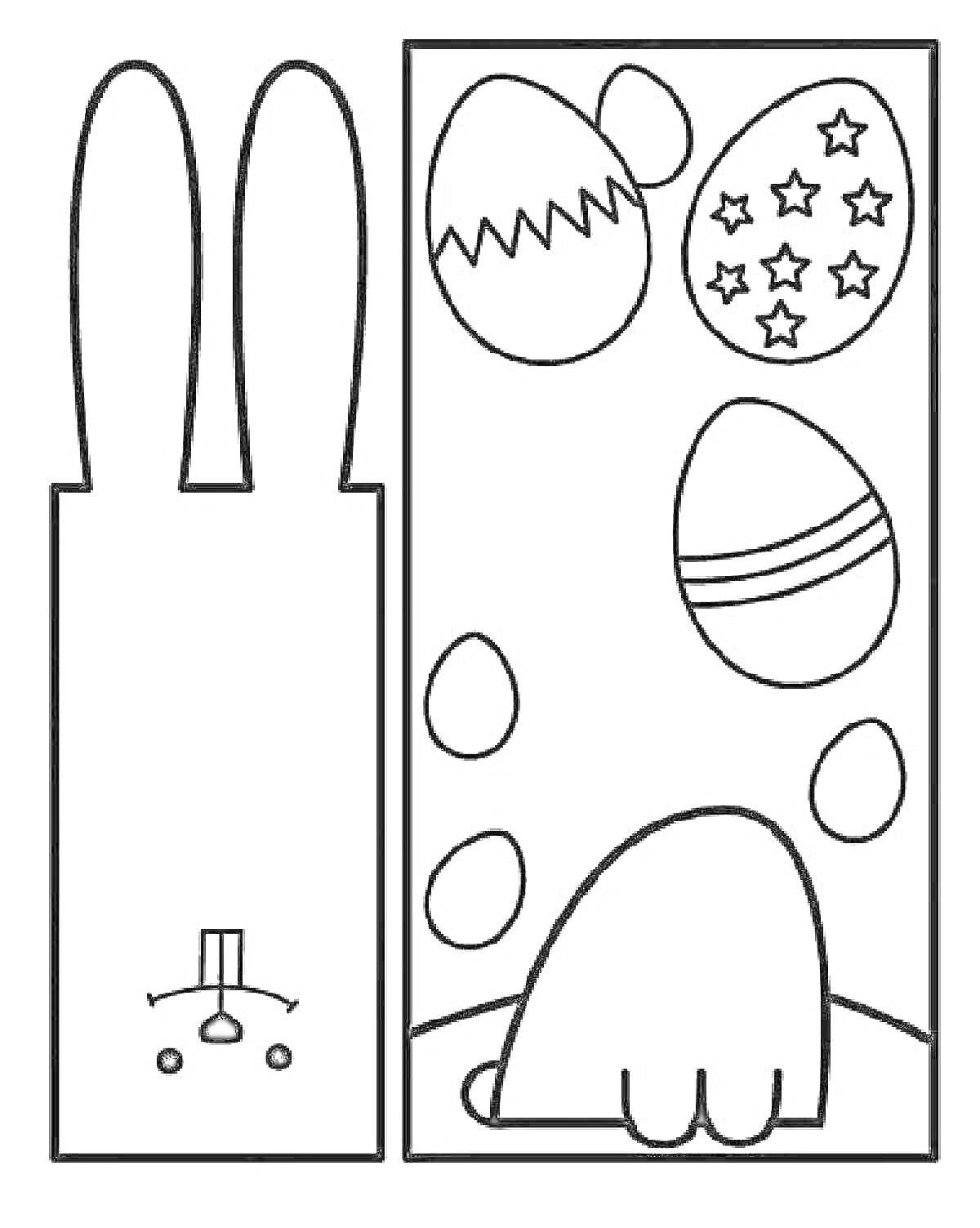 Раскраска Пасха - зайчик и украшенные пасхальные яйца