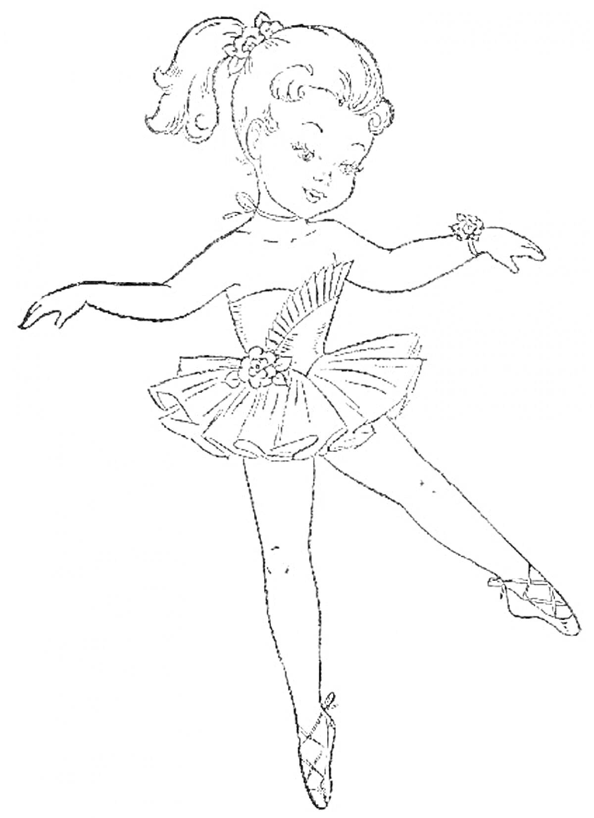На раскраске изображено: Девочка, Балерина, Пуанты, Платье, Браслет, Танец, Балет
