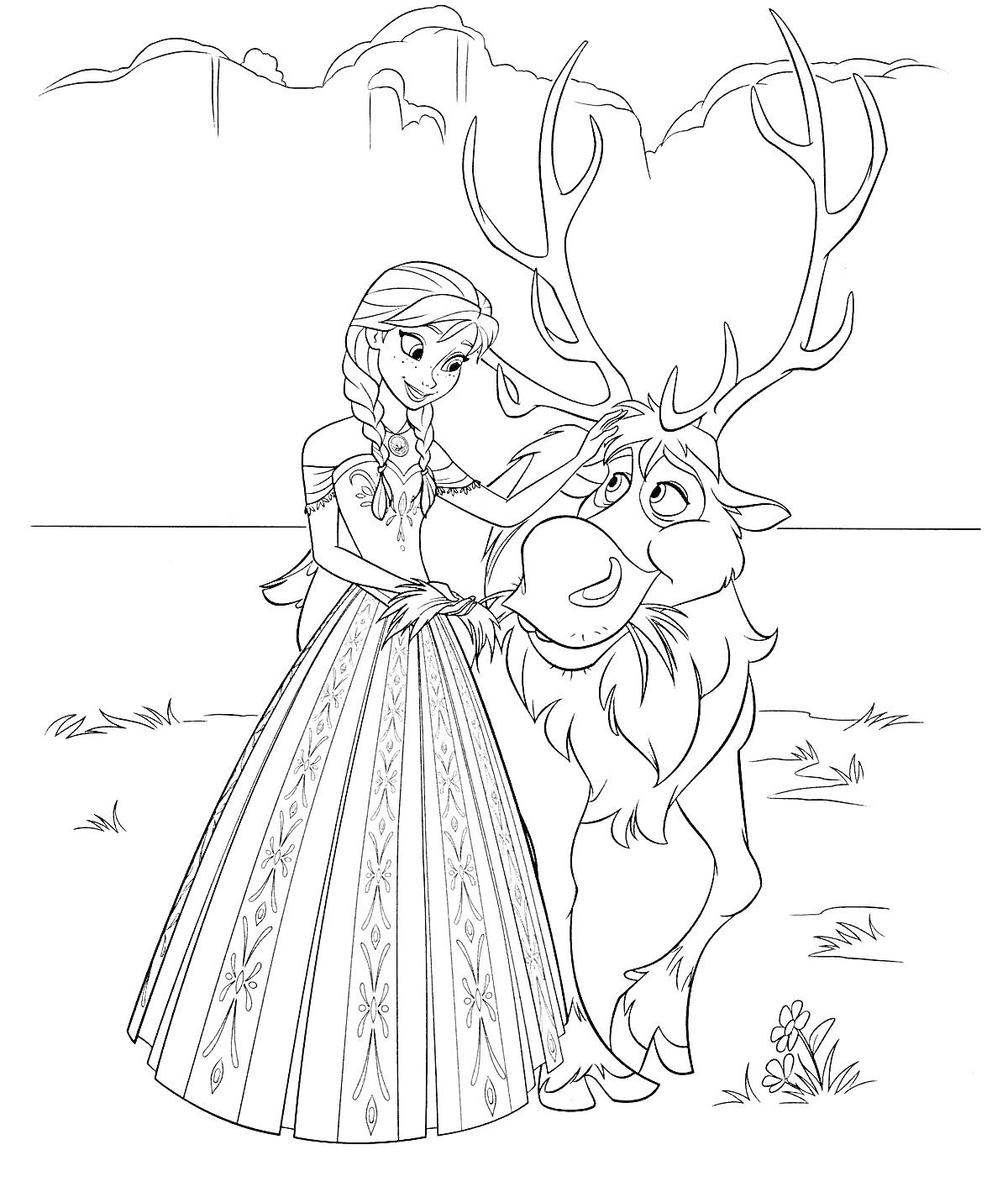 Раскраска Девушка в длинном платье с узором гладит большого оленя на фоне природы, горы на заднем плане