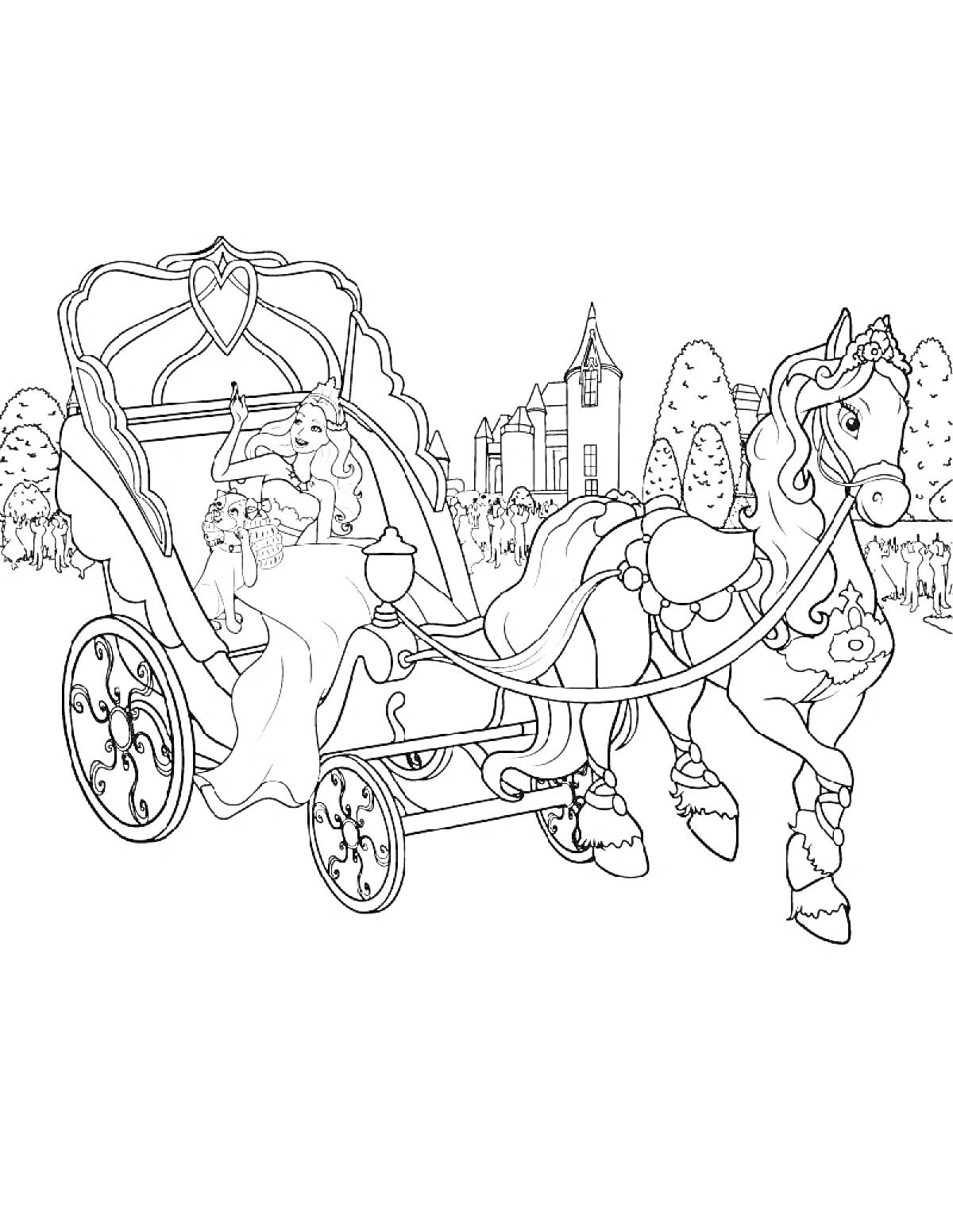 На раскраске изображено: Принцесса, Карета, Лошадь, Замок, Деревья, Принц, Ландшафт