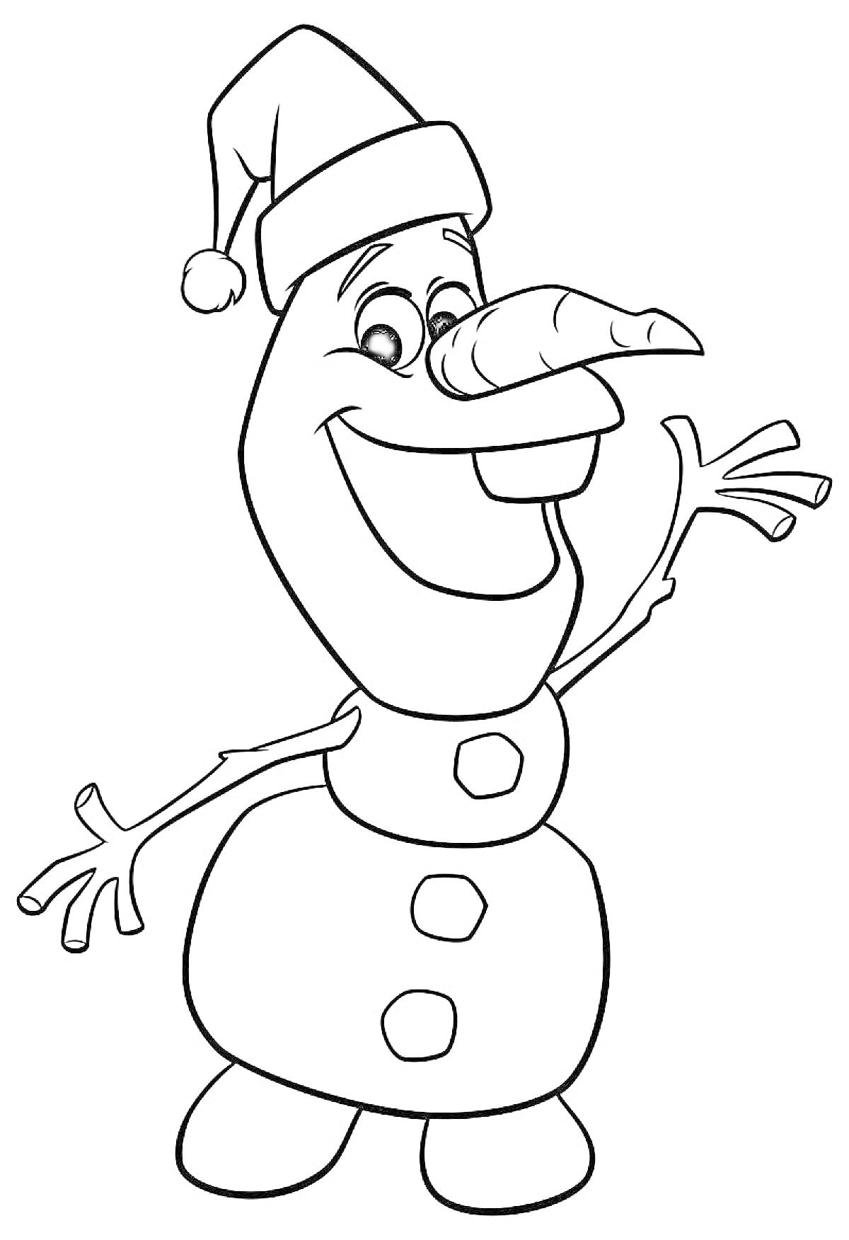 снеговик в новогодней шапке с морковным носом