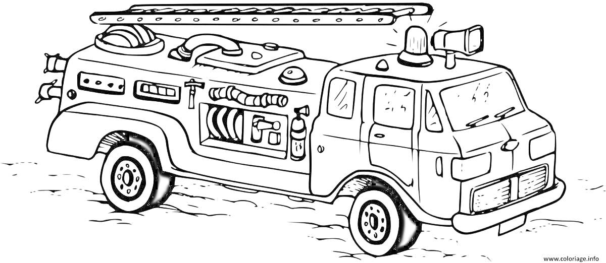На раскраске изображено: Пожарная машина, Лестница, Оборудование, Колёса, Кабина водителя, Сигнализация, Пожарная безопасность