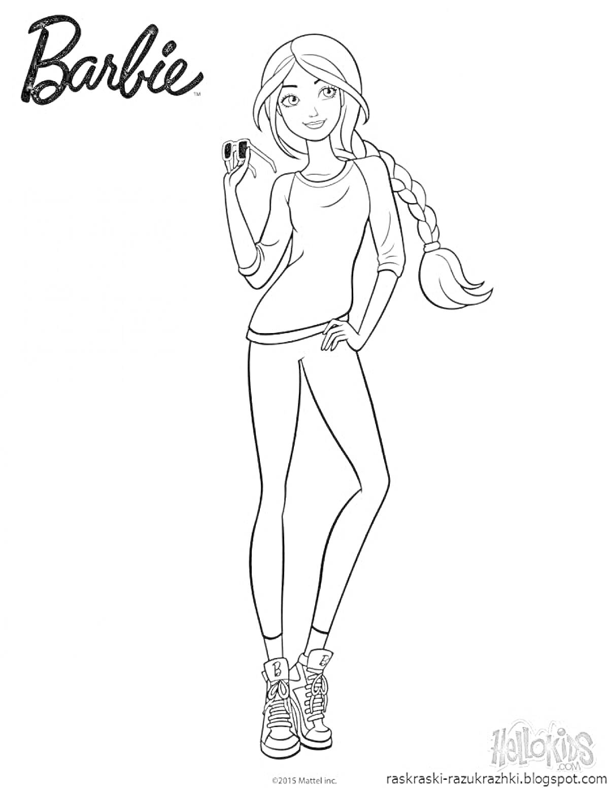 Раскраска Полный рост девушки с длинной косой, в кроссовках и с телефоном в руке
