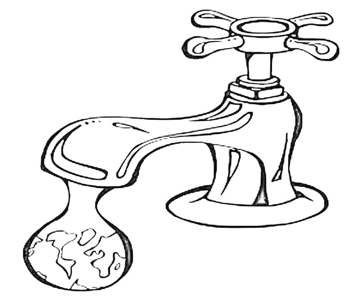 Раскраска Водопроводный кран с каплей воды в форме земного шара