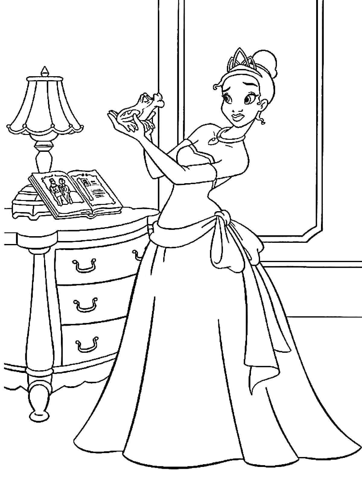 Раскраска Принцесса с лягушкой, комод с книгами, лампа, окно
