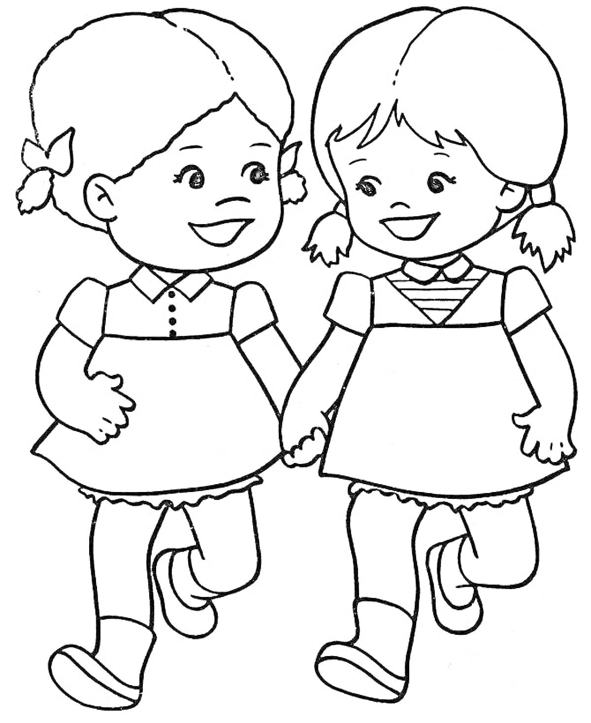 Раскраска Две девочки, держащиеся за руки и гуляющие вместе