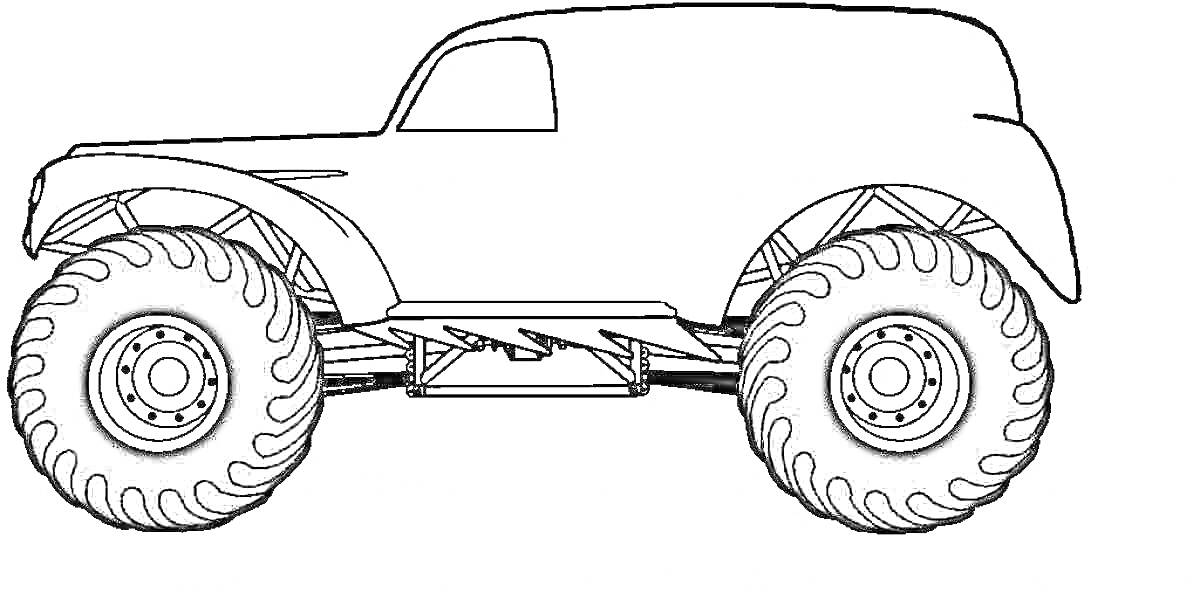Раскраска Монстр-трак с большими колесами на поднятой подвеске