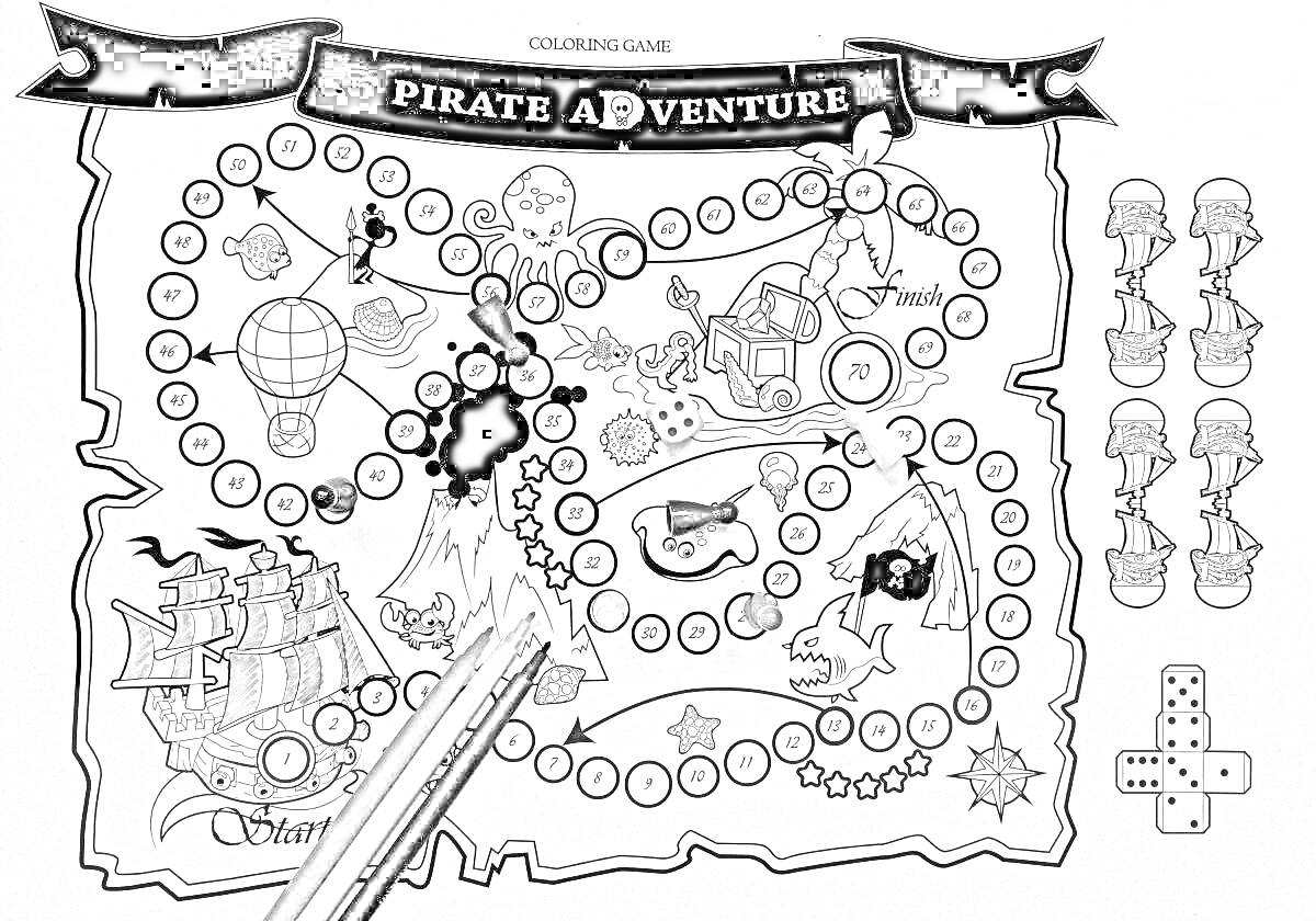 На раскраске изображено: Ходилка, Настольная игра, Пиратский корабль, Пираты, Сокровища, Карта сокровищ, Фишки