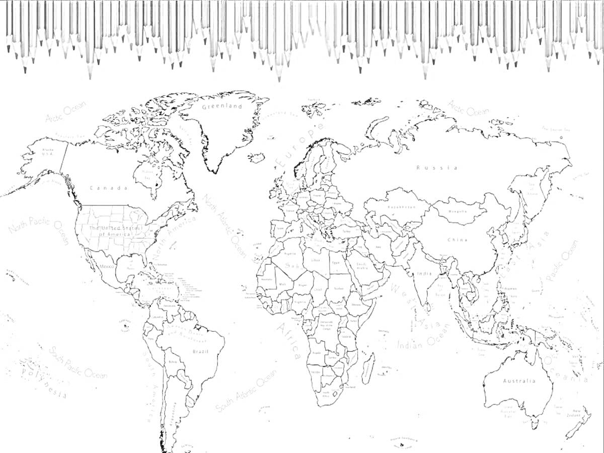 Раскраска Контурная карта мира с границами стран и фоновыми карандашами