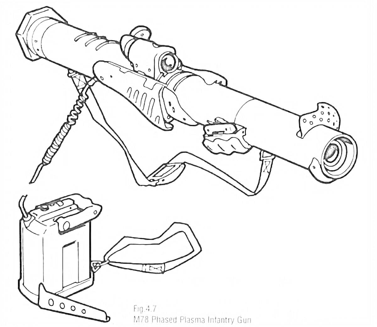 Раскраска Прототип базуки M78 Phased Plasma Infantry Gun с энергоблоком и плечевым ремнём