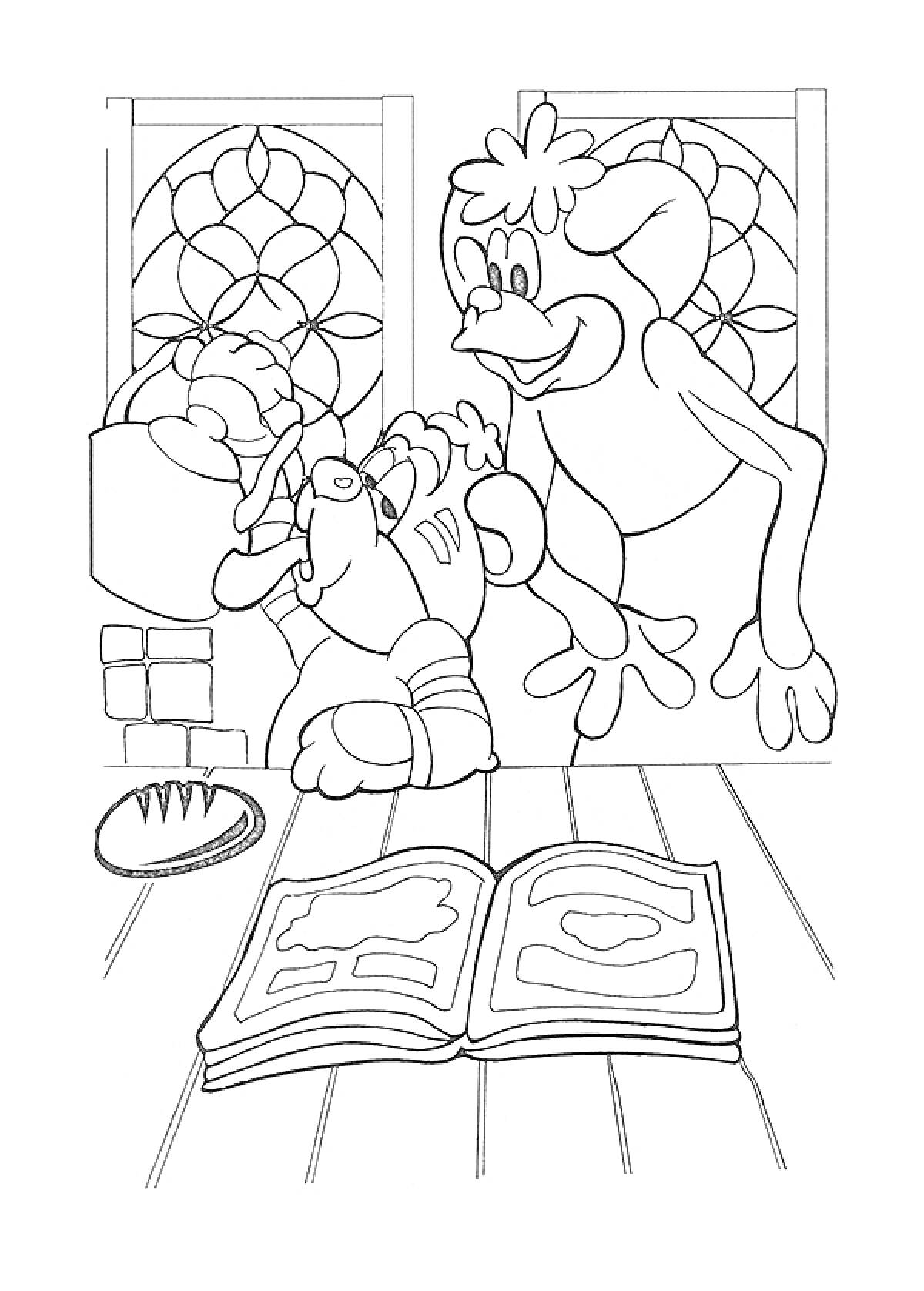 Два персонажа в комнате с витражными окнами, один читает книгу, рядом лежит буханка хлеба