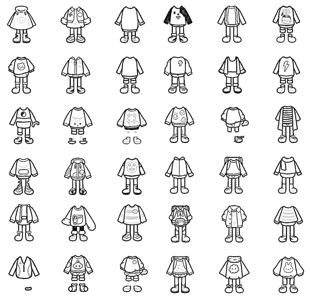 Раскраска Раскраска с персонажами Toca Boca без одежды (видны только их тела и отдельные предметы одежды)