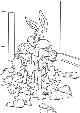 На раскраске изображено: Луни Тюнз, Кролик, Кресло, Комната, Морковь