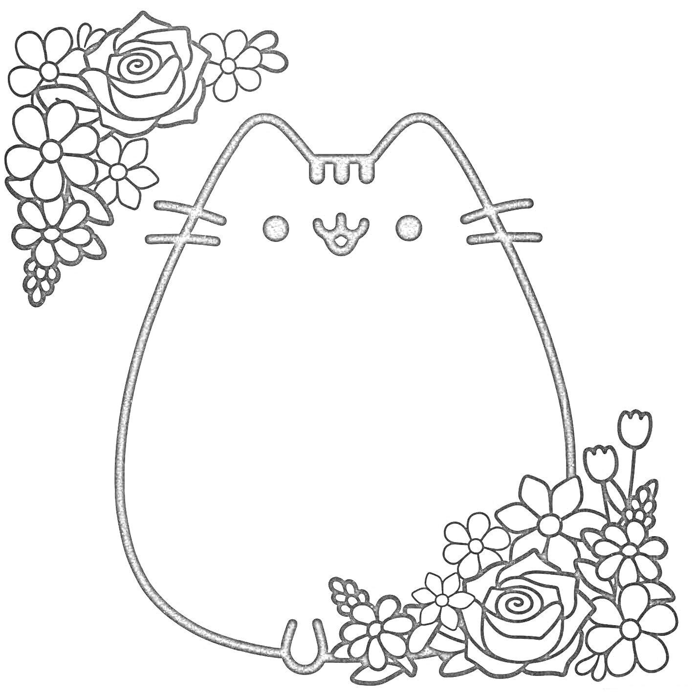На раскраске изображено: Кавайные, Цветы, Розы, Мультяшные животные, Кот