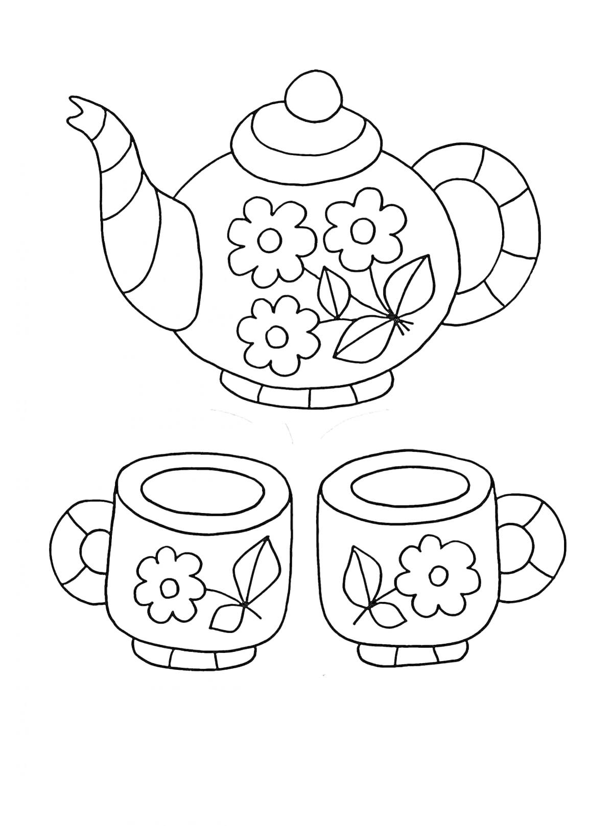 Раскраска чайник с цветами и две чашки с цветами и листьями