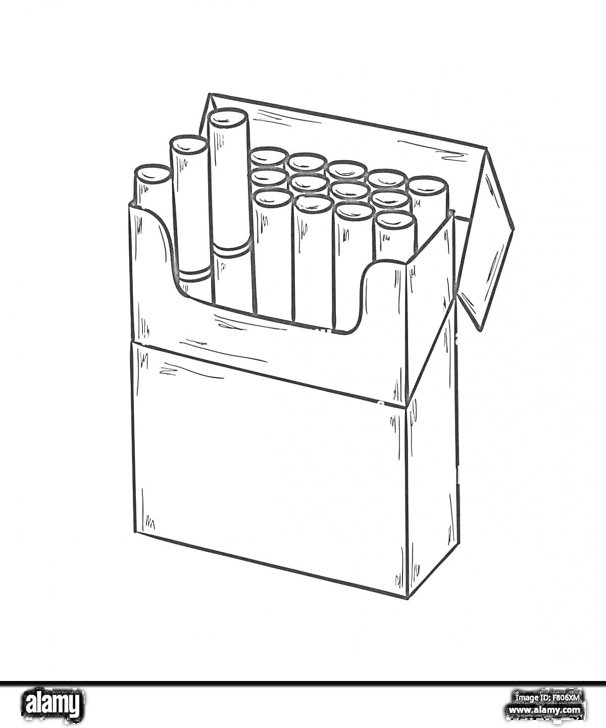 Раскраска Пачка сигарет с частично открытой крышкой, содержащая несколько сигарет