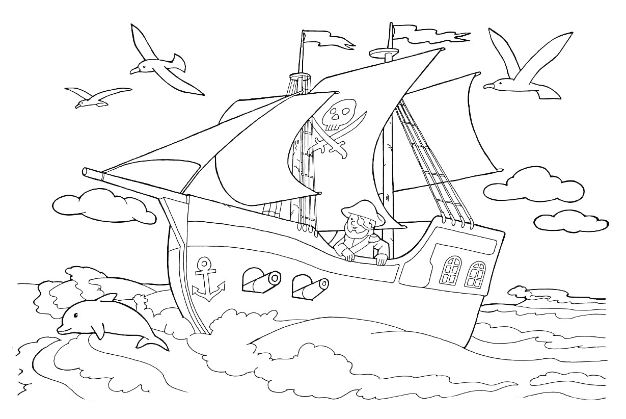 На раскраске изображено: Пиратский корабль, Паруса, Флаг, Чайки, Облака, Волны, Море, Дельфины, Океаны, Пираты, Якоря