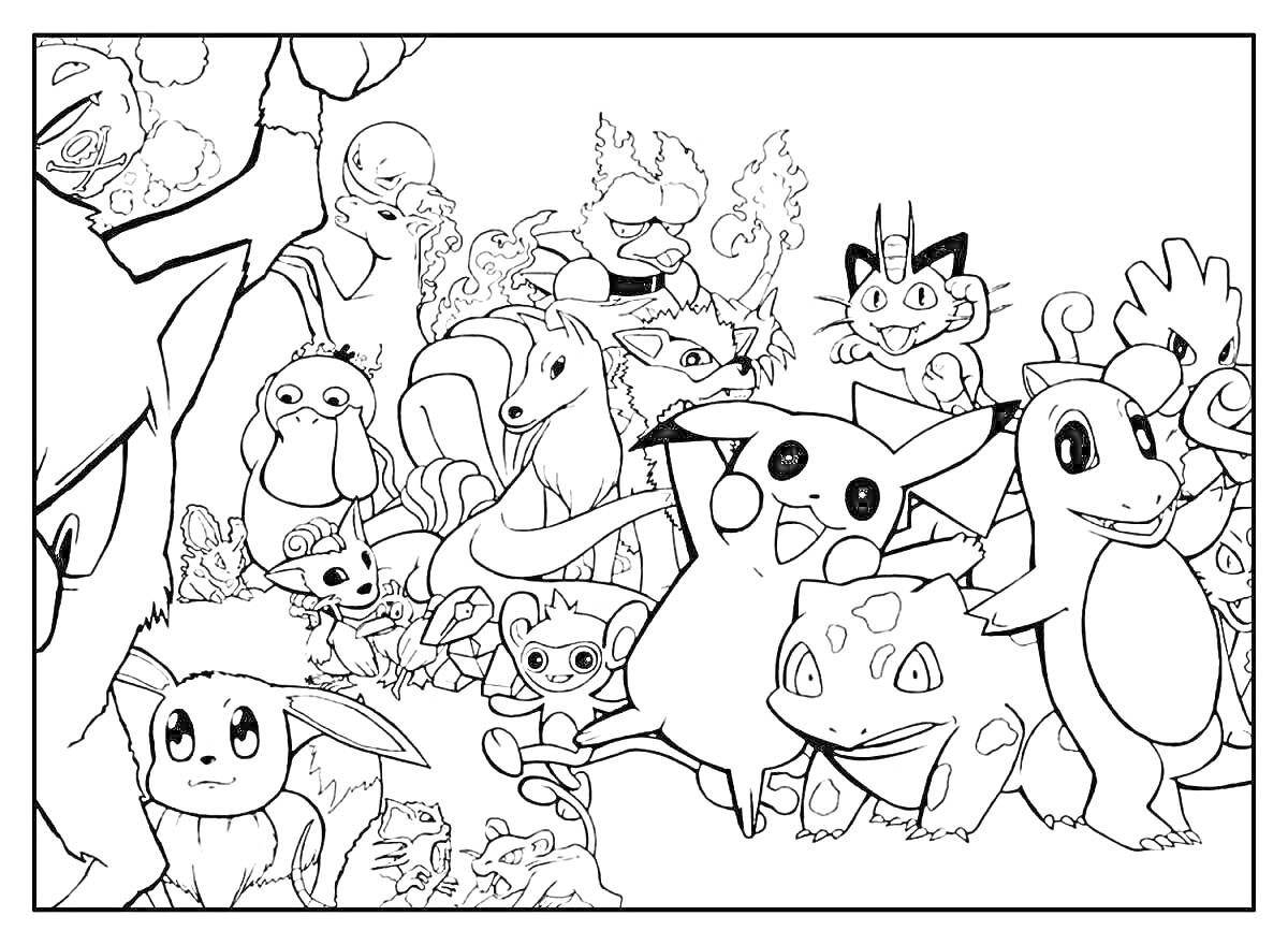 Покемоны на фоне деревьев и кустов, включая Пикачу, Иви, Бульбазавра, Мяута и других