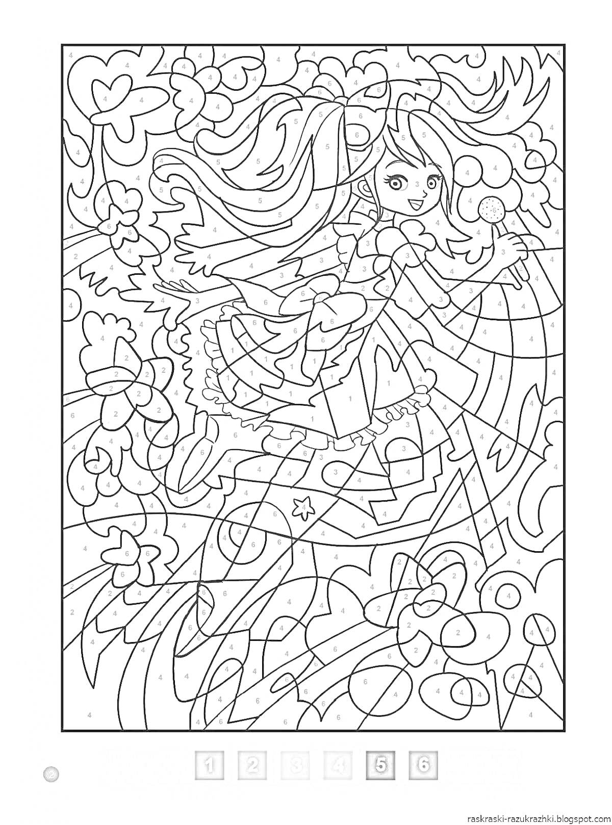 Раскраска Девушка с длинными волосами и крыльями феи, окруженная цветами и волнистыми линиями