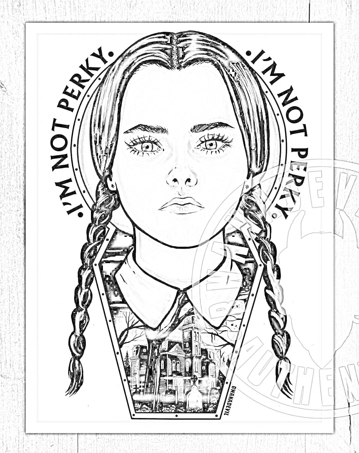 Раскраска Уэнсдей Аддамс из сериала, с портретом, текстом 