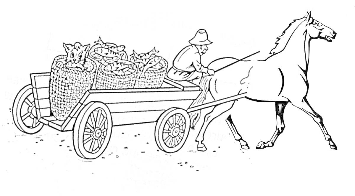 На раскраске изображено: Телега, Лошадь, Овощи, Природа
