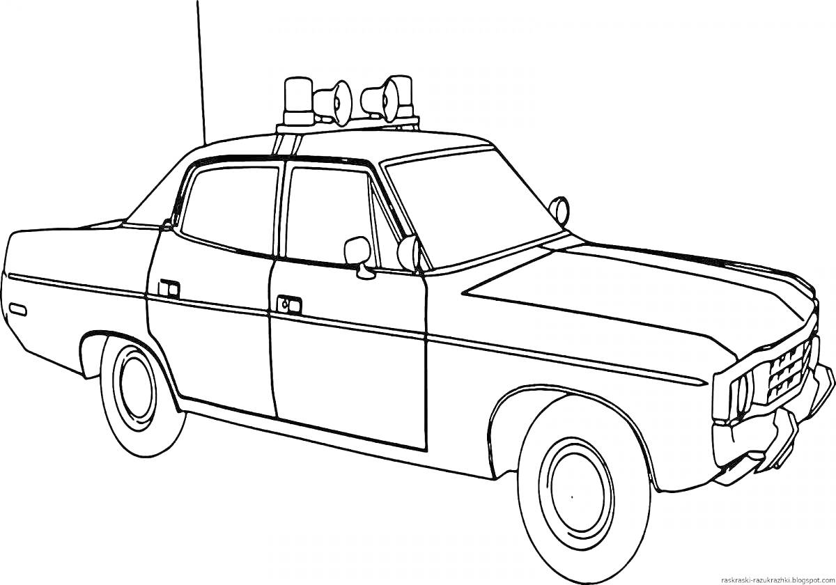 На раскраске изображено: Полицейская машина, Мигалки, Транспорт, Антенны, Авто