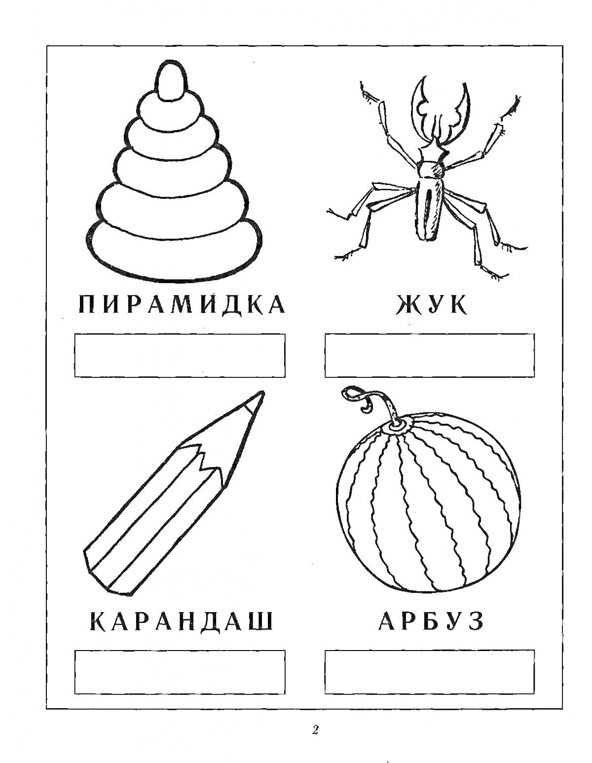 Раскраска Пирамидка, жук, карандаш, арбуз