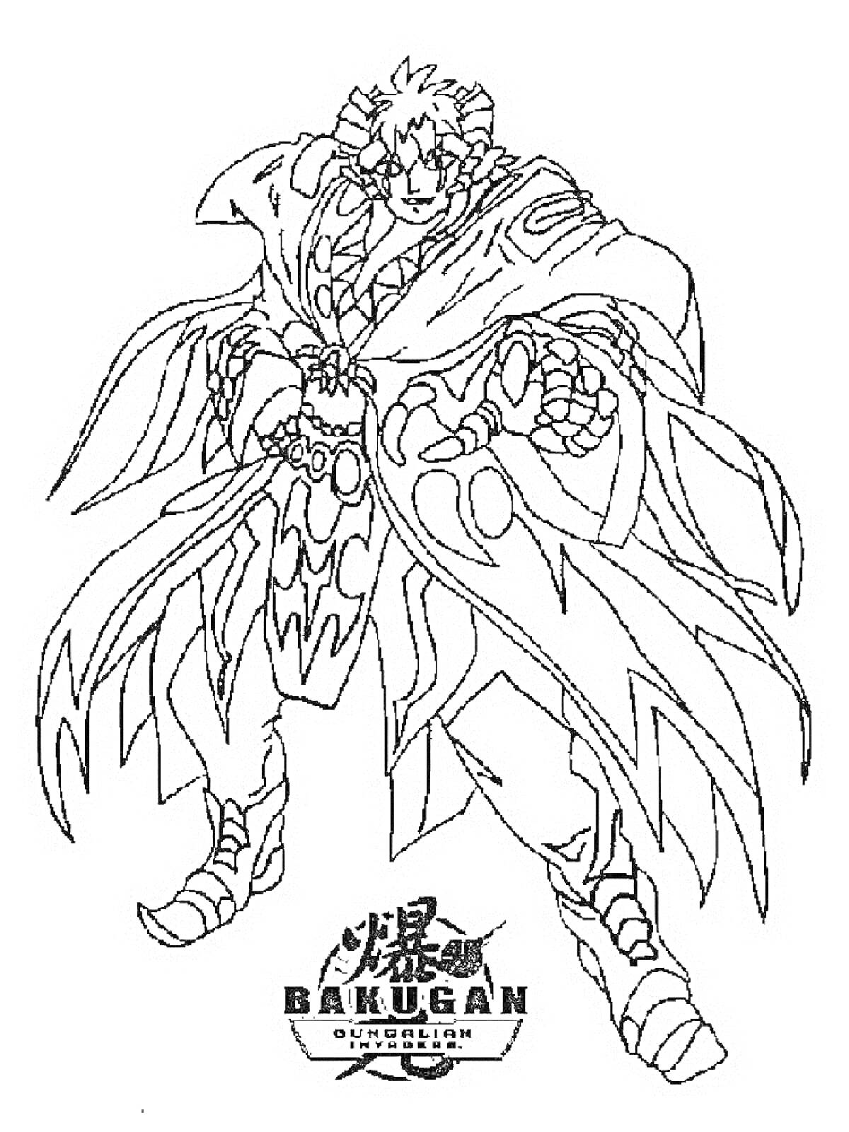 Раскраска Персонаж Бакуган с обтекаемой броней, перьями и логотипом 