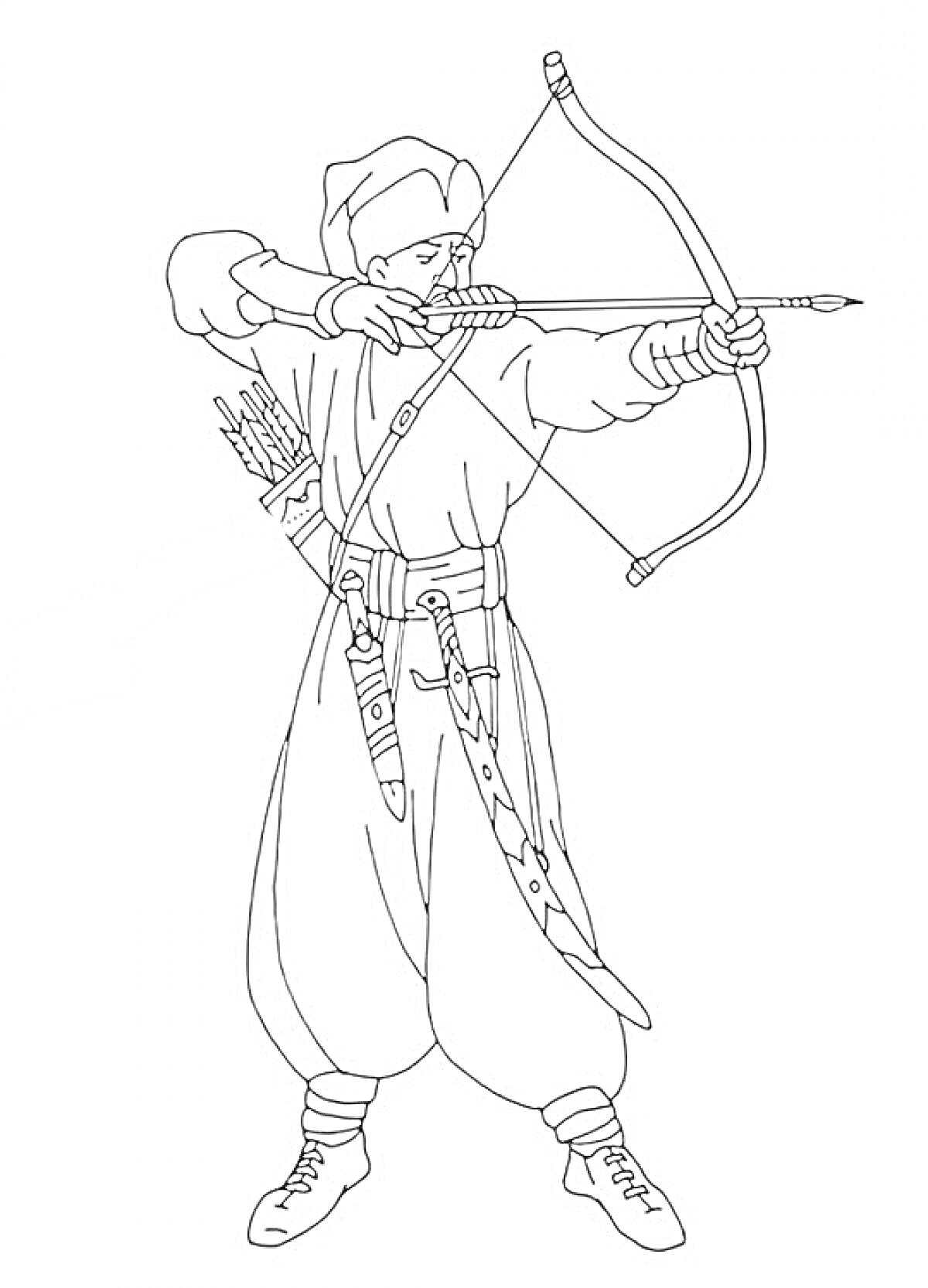 На раскраске изображено: Казак, Лук, Колчан, Исторический костюм, Традиционная одежда, Оружие, Стрельба из лука, Стрела